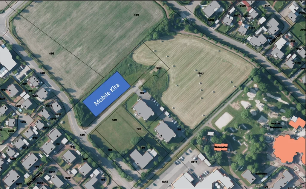 Lageplan und Entwurf der neuen Mobilen Kita Greetsiel am Standort Hooge Hörn.v